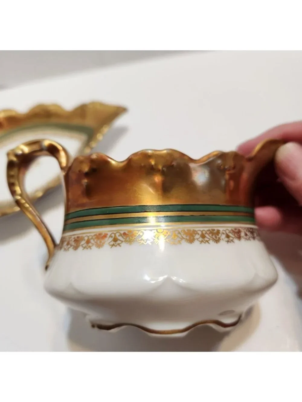 Antique Limoges France B&H Gold Green Trim Porcelain Gravy Boat Underplate READ
